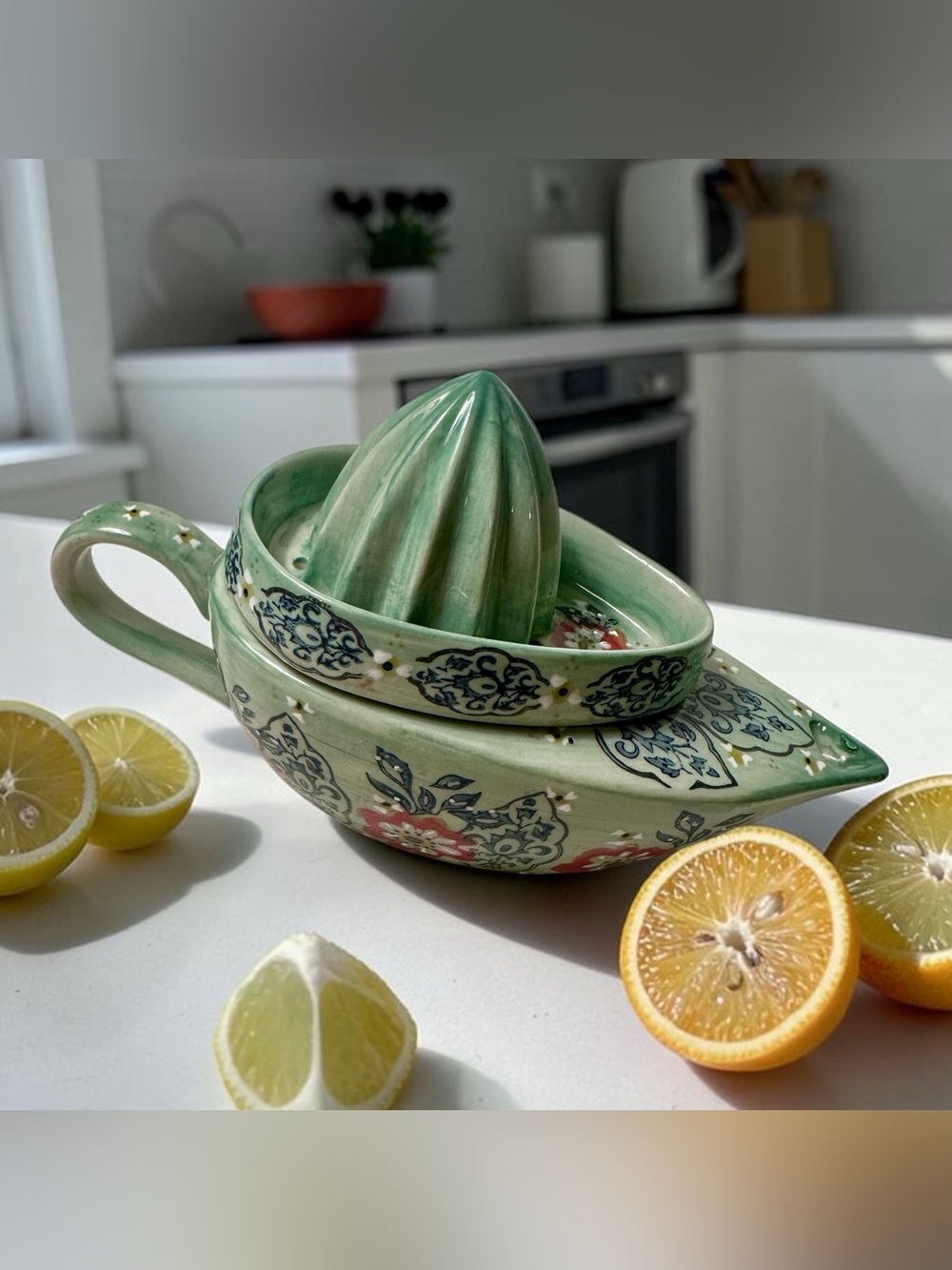 Anthropologie Vintage Mint Porcelain Citrus Juicer Folk Art Bohemian Floral